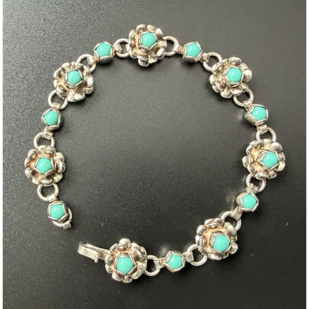 VINTAGE 50s TAXCO MEXICO STERLING SILVER TURQUOISE BLOSSOM FLOWER BRACELET 6.5” - Picture 4 of 16